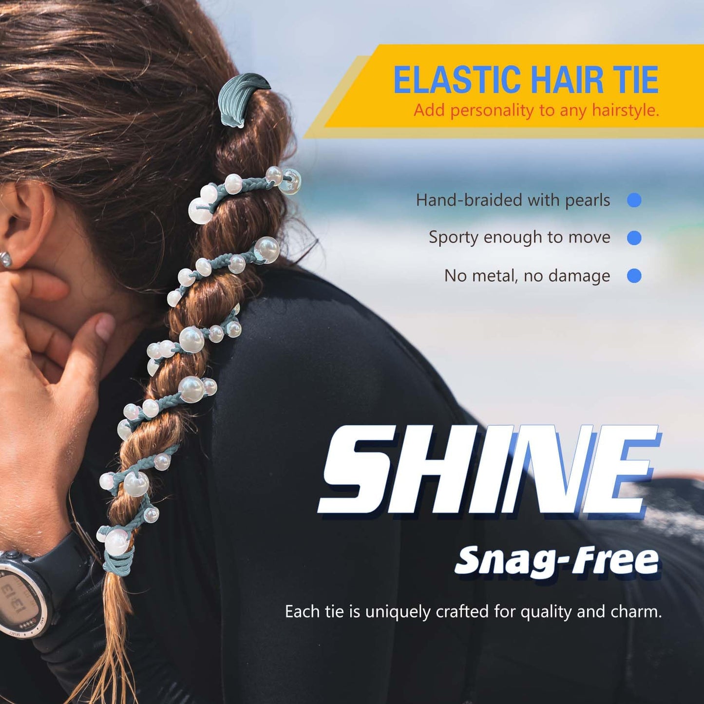 Spiral Hair Ties for Women No Hook, 25" Hand Braided Pearl Ponytail Holders Soft Pony Tail Wrap for Sports,Workouts,Daily Use,Swim,Beach, No-Damage Hair Accessories Hair Accessories (Steel Blue)