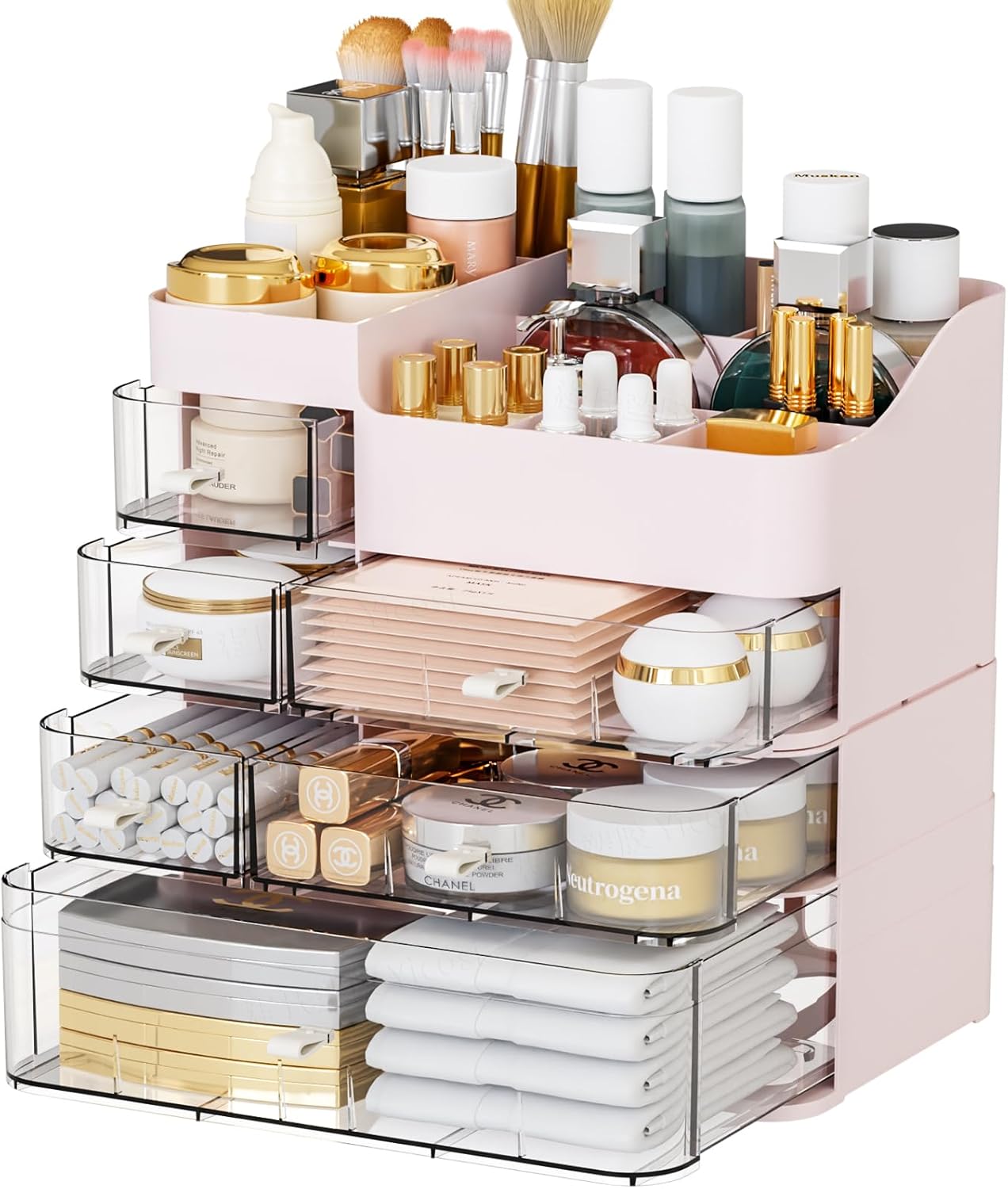 Makeup Organizer for Vanity - Large 6-Drawer Plastic Cosmetic Storage | White Dresser & Bathroom Holder for Lipstick, Brushes, Skincare