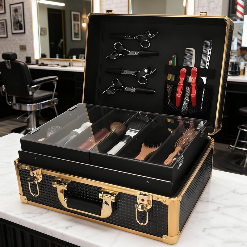 QIPOKAN 3-Layer Large Barber Travel Case with 6 Electric Clipper Slots and Transparent Acrylic Sliding Tray, Professional Barber Case,Suitable for Beauty Hair Stylist Salon Makeup Artist (Gold)