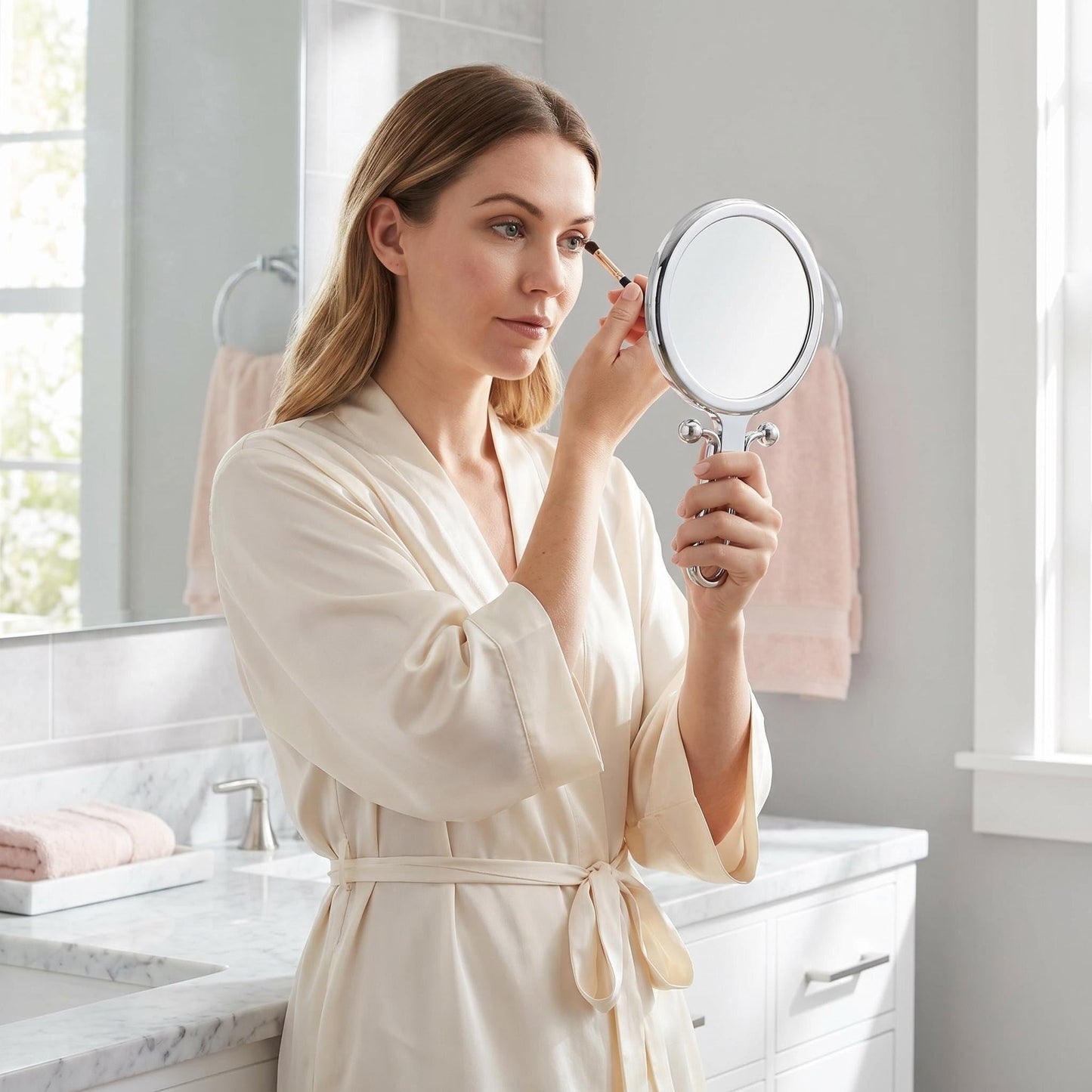 Double-Sided 10X Magnifying Handheld Mirror - Portable Folding Makeup Mirror for Travel Bathroom Vanity - 6.1 Inch Round Compact Mirror with 1X Normal View for Women