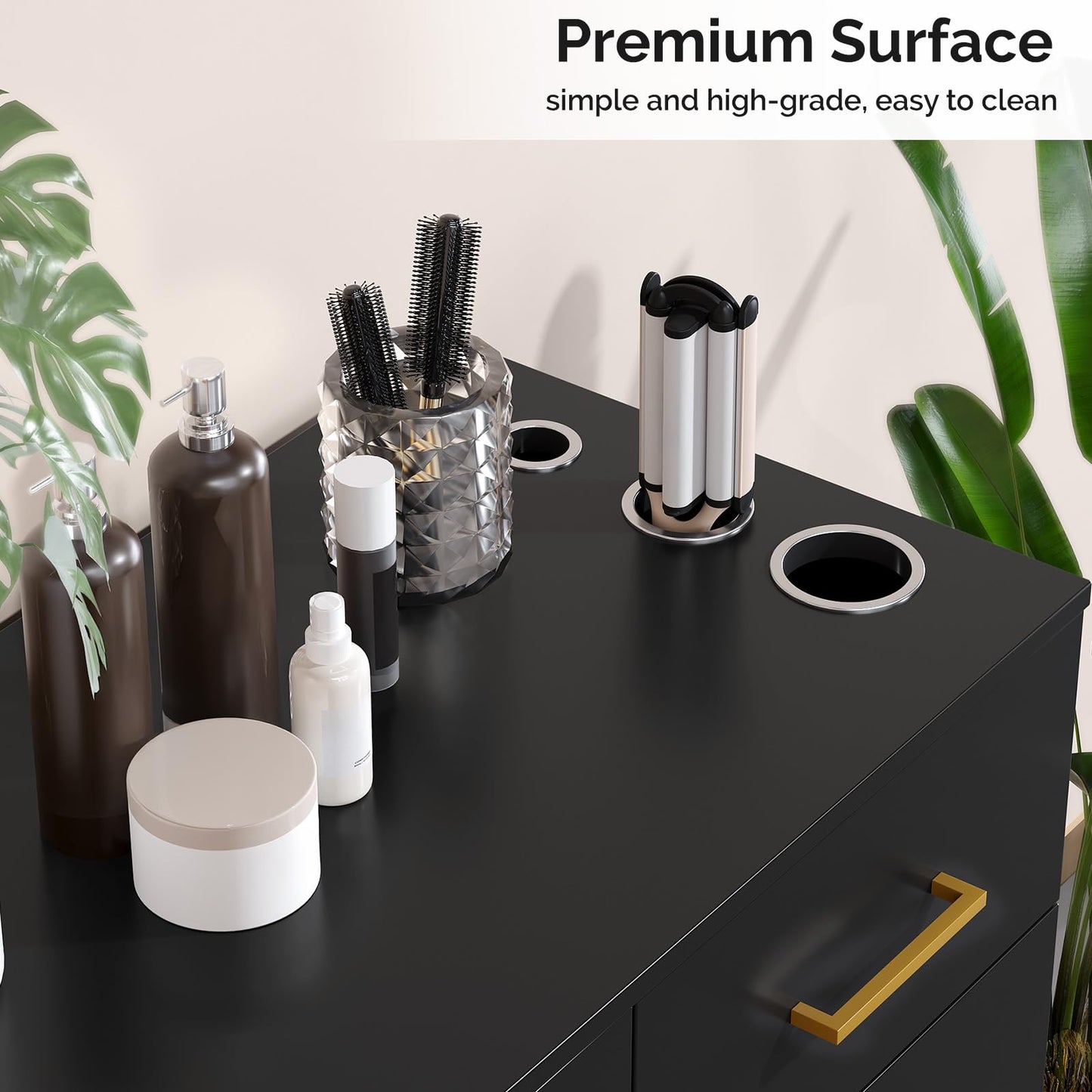 OmySalon Beauty Barber Station, Salon Stations for Hair Stylist, Salon Storage Cabinet with Drawers & Hair Dryer Holders, Styling Station for Spa Dresser, Black