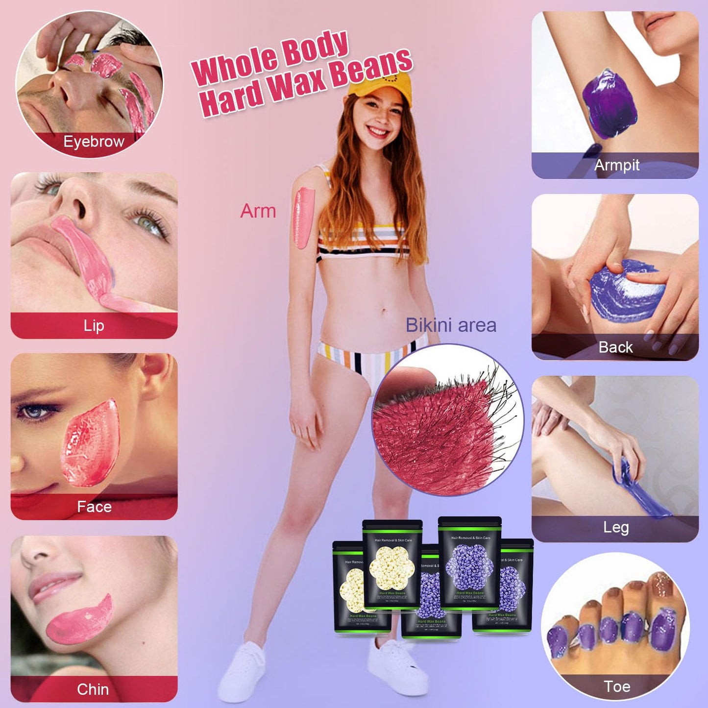 Auperwel Wax Beads for Hair Removal 1.1 lb (17.6 oz), Hard Wax Waxing Beads Kit for Sensitive Skin Brazilian, Face, Bikini, Eyebrow, Legs, Painless for Women Men, 5 packs with 10 Sticks