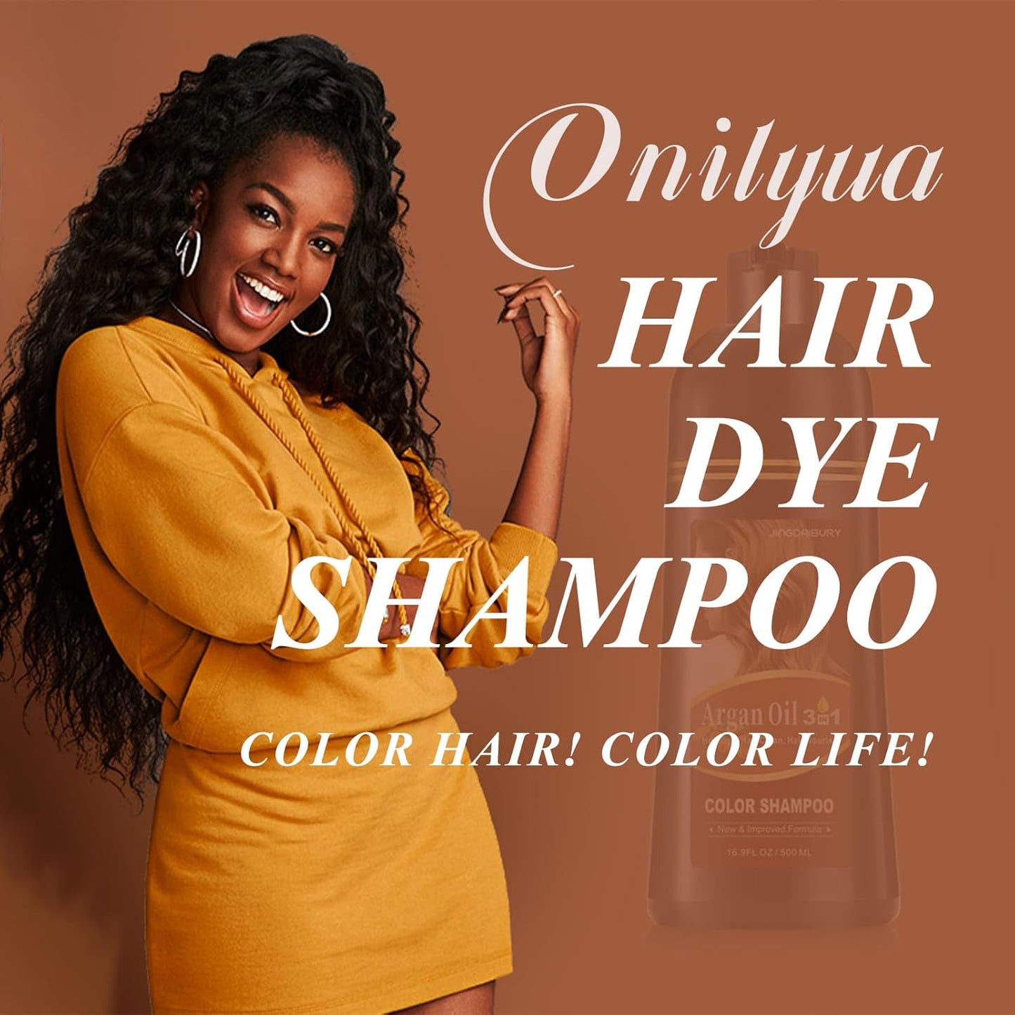 Black Hair Dye Shampoo - Argan Oil Formula for Men & Women | 3-in-1 Gray Coverage, 16.9 Fl Oz