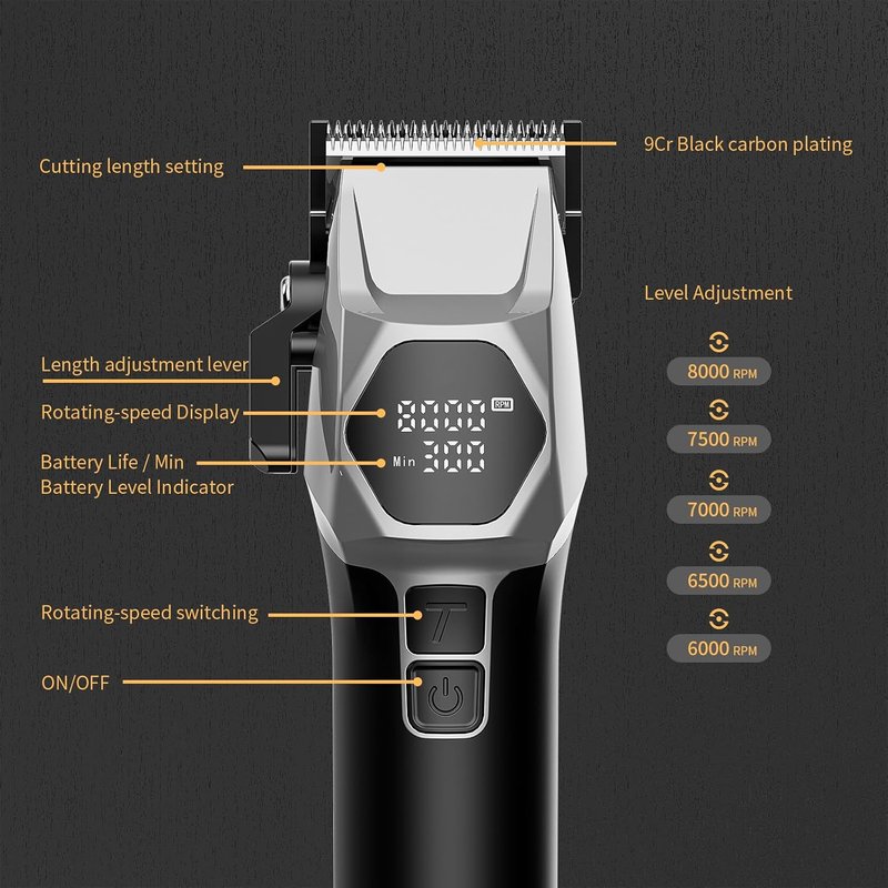 Professional Hair Clippers for Men - 8000RPM Brushless Motor & 440C Steel Blades | Cordless Barber Clippers & Trimmer Set for Fade Designs