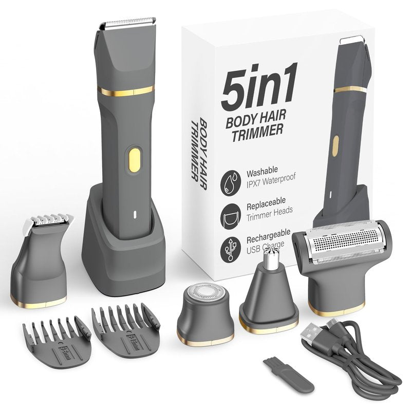 5-in-1 Electric Bikini Trimmer for Women β IPX7 Waterproof Shaver, Cordless Body & Facial Razors for Women, Ceramic Blades, USB-C Rechargeable, Painless Hair Removal Kit (Light Black)