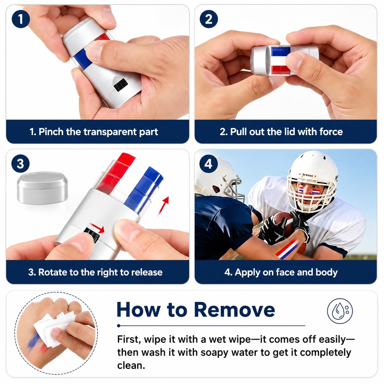 Go Ho 3PCS Red White and Blue Eye Black,Patriotic USA Flag 4th of July Face Paint Makeup for Independence Day,Soccer Fans Eye Black Stick,Eye Black Stick for Baseball Party Favors