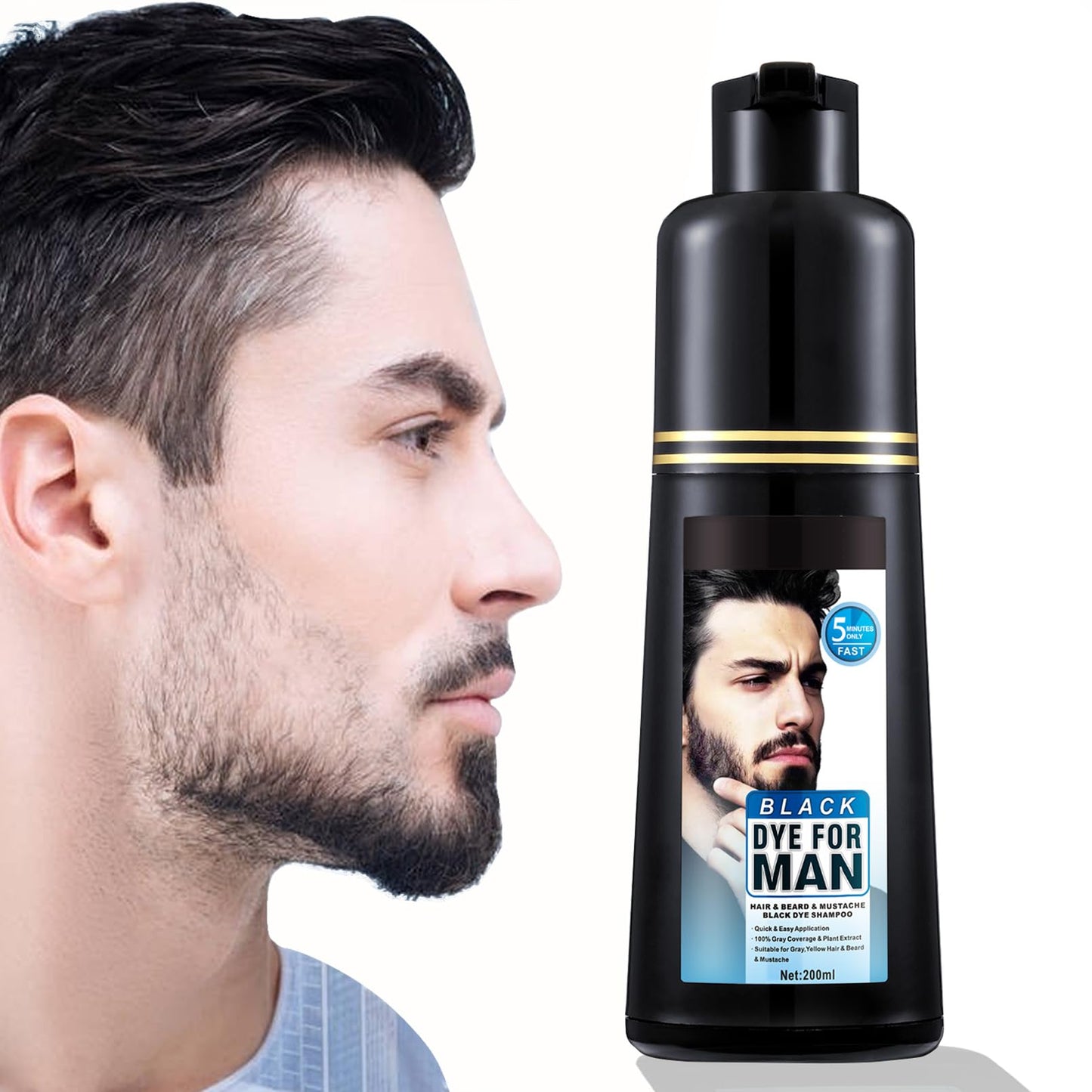 Men's Beard Dye Black 3-in-1 Natural Black Beard & Hair Dye Shampoo