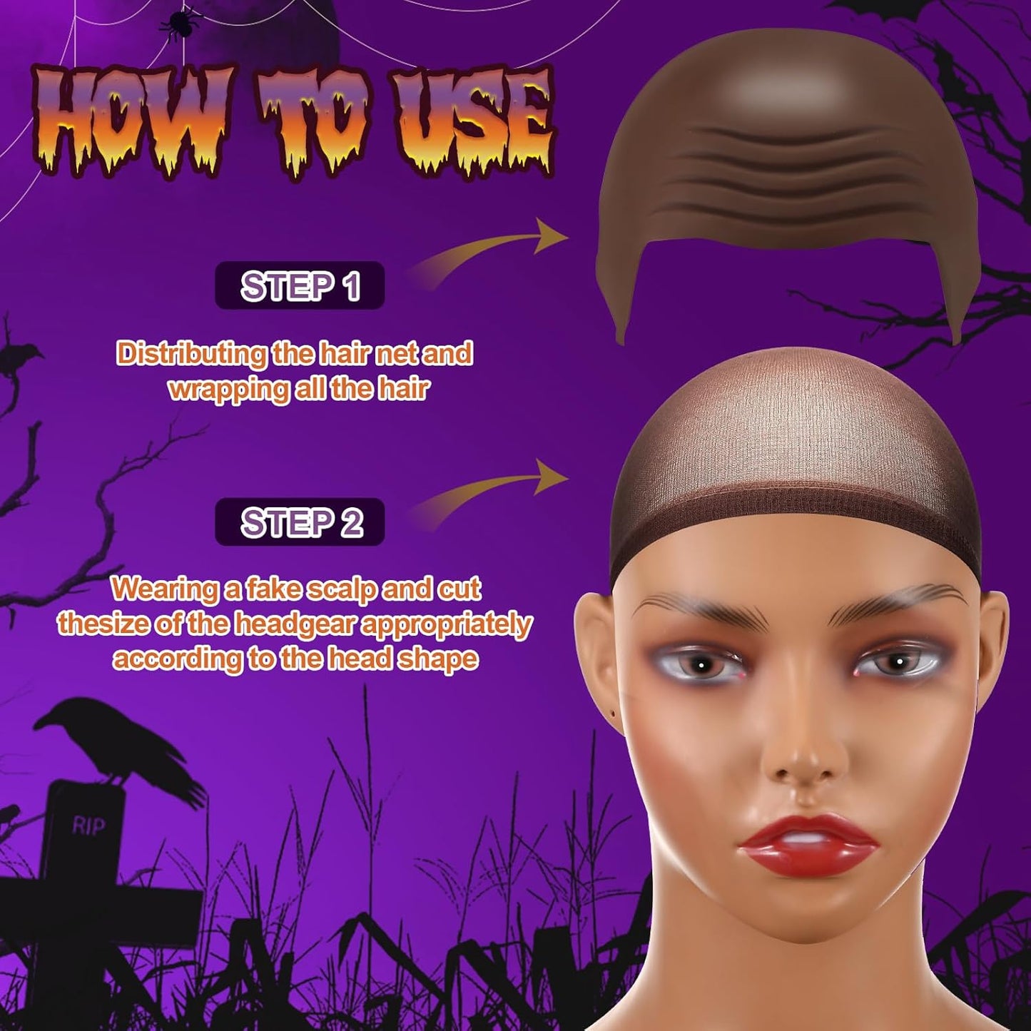 Halloween Bald Caps - Latex Wig Cap for Costume | 4-Pack Dark Brown, Large