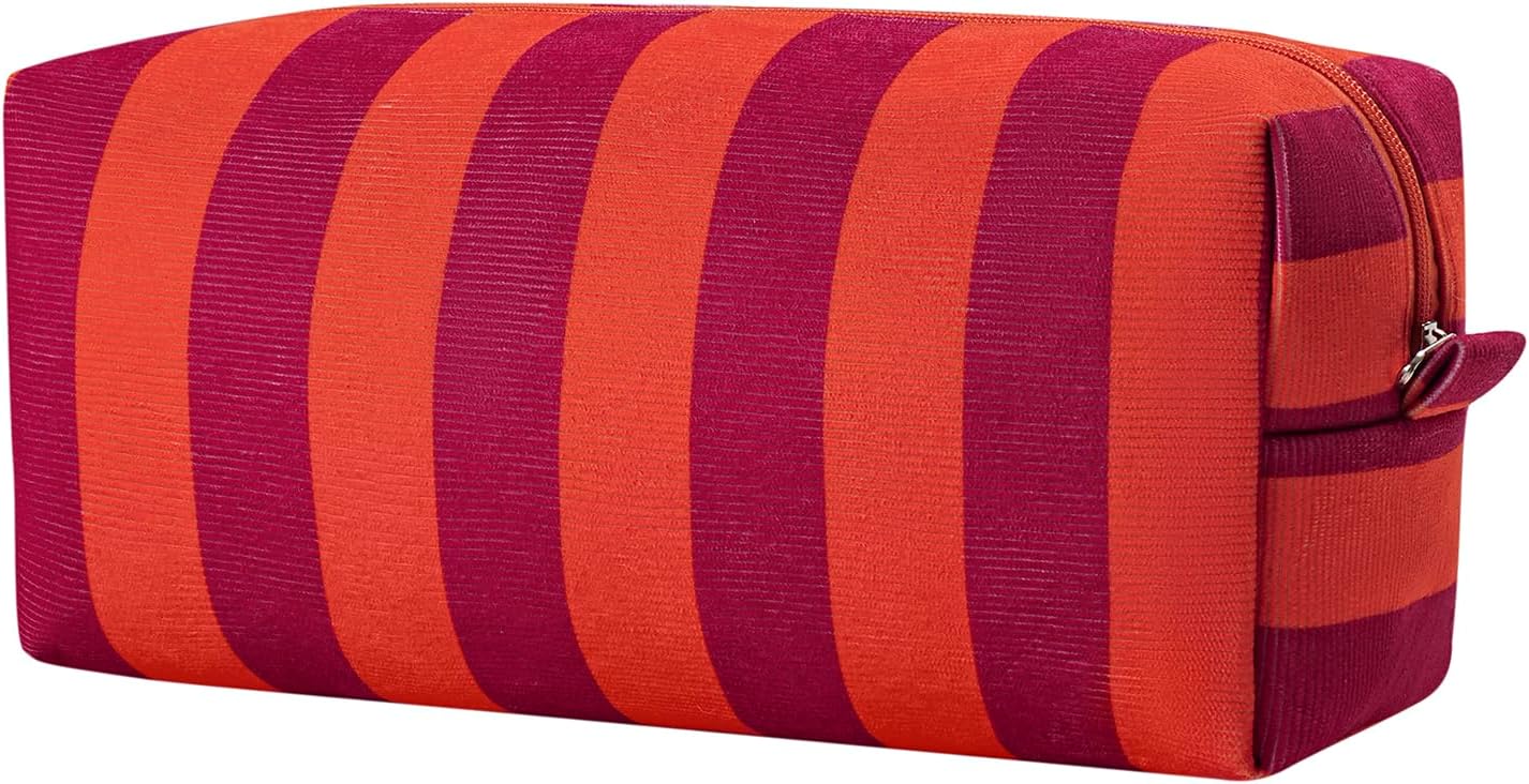 Striped Hair Tools Travel Bag - Corduroy Organizer for Hair Dryer & Flat Iron | Aesthetic Foldable Design (Pink & Beige)