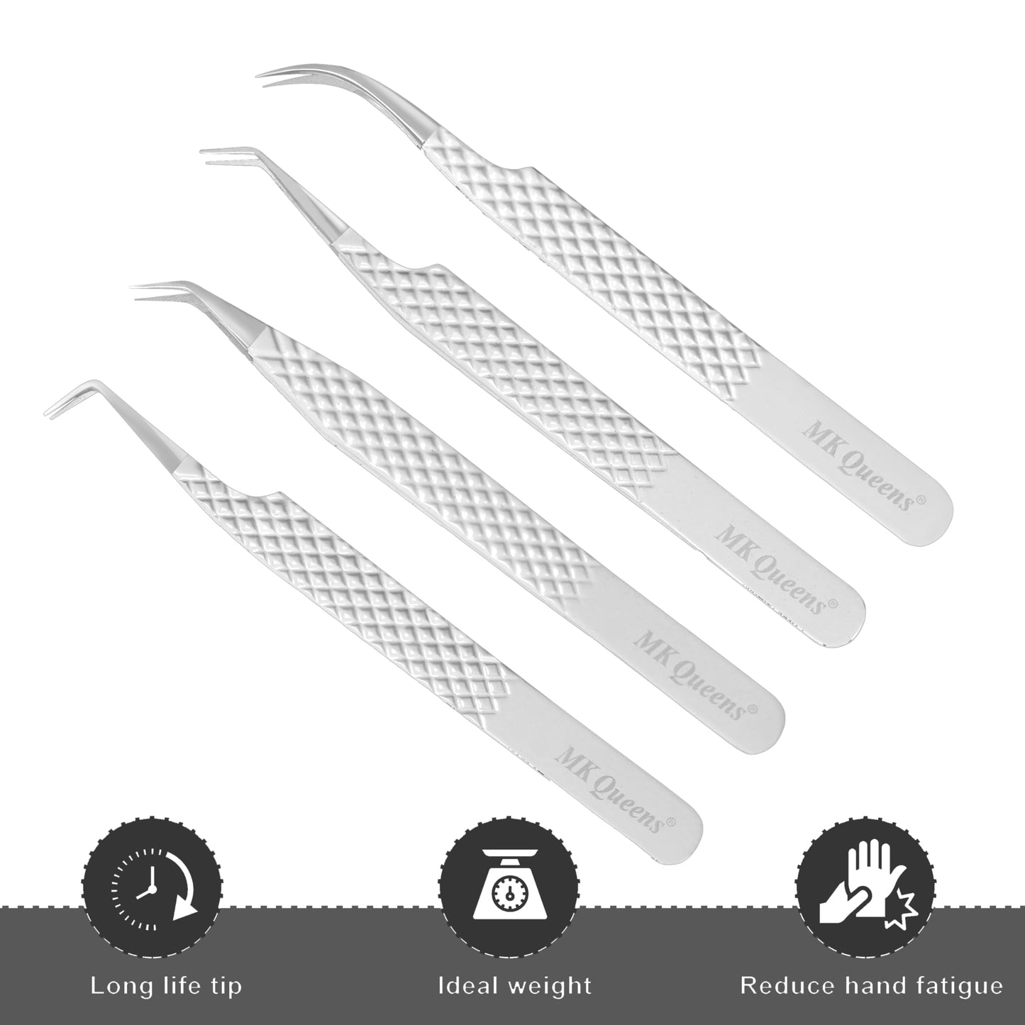 Fiber Tip Lash Tweezers for Eyelash Extensions with Diamond Grip, Set of 4 Precise Tips Japanese Steel for Classic, Volume & Mega Volume Lashes, Ideal Tweezers Set for Lash Artists (4, White)