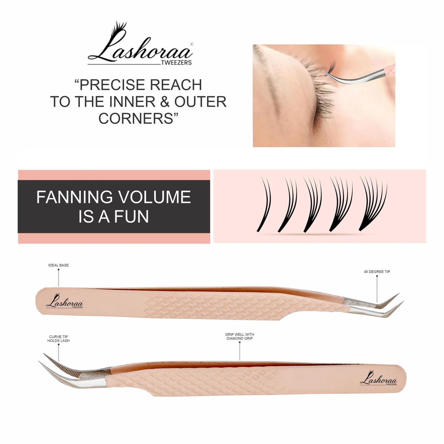 LASHORAA Professional 5pc Lash Extension Tweezers Pack - Fiber Tip Diamond Grip Japanese Steel, Precision Angled Tips - Perfect for Volume & Mega Volume Lashes with Leather Pouch (Peach)