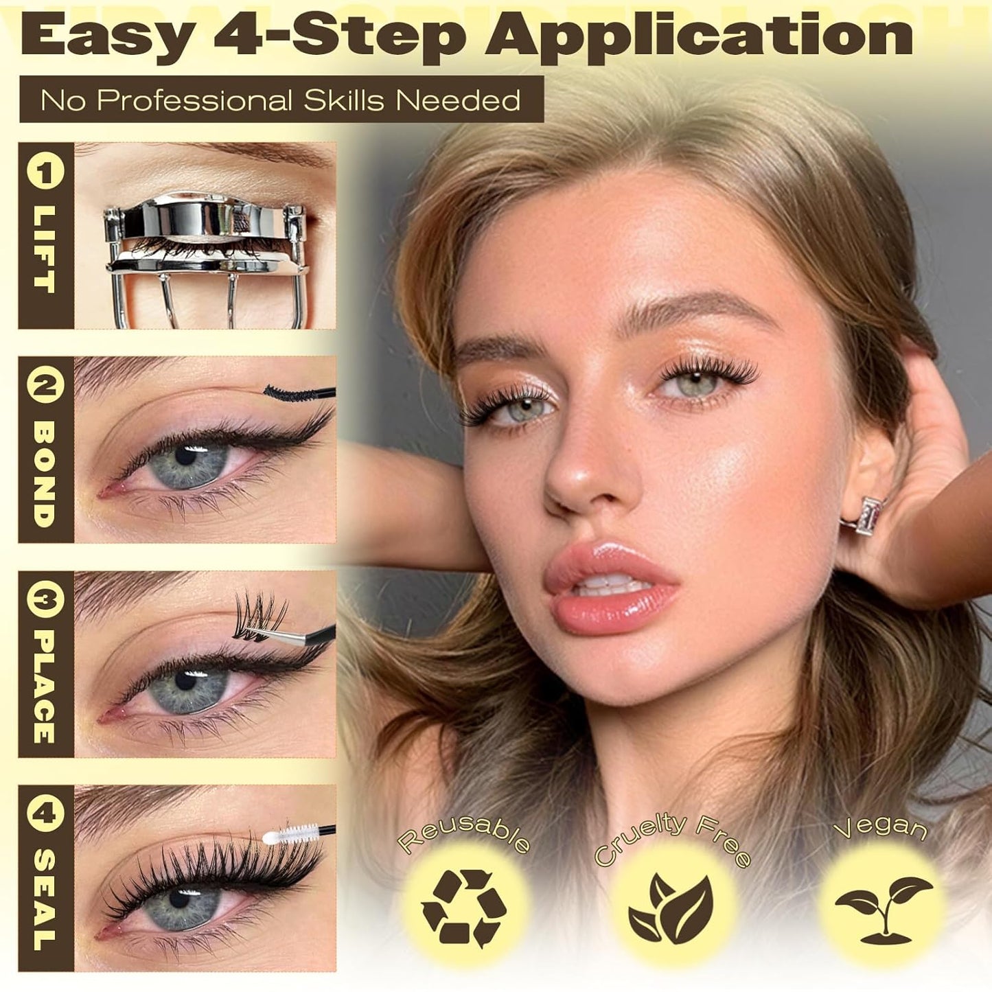 Natural Lash Clusters Kit - Wispy Eyelash Extensions with Invisible Band | 10-16mm C Curl, DIY Set with Bond & Tweezers