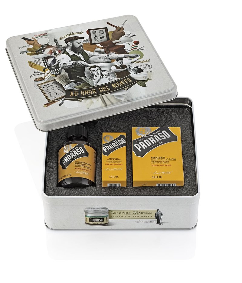 Proraso Wood and Spice Complete Beard Care Kit - Beard Wash, Oil, and Balm with Warm, Woodsy Scent - Premium Italian Gift Set for Men in Collectible Tin Box