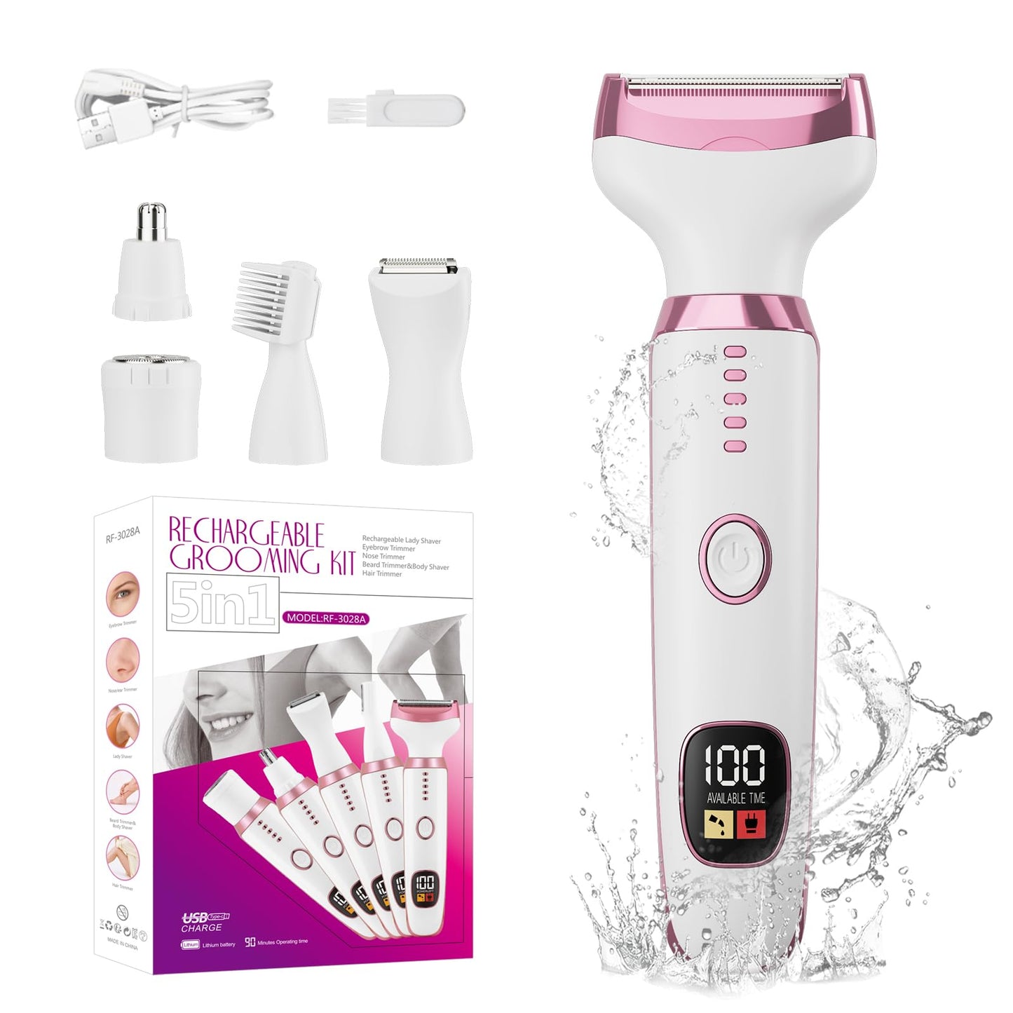 RUIM 5-in-1 Women's Electric Shaver & Hair Trimmer Kit - for Legs, Underarms, Bikini Line, Face & Body, Painless Cordless Wet/Dry Razor, Waterproof & USB Rechargeable for Women Grooming