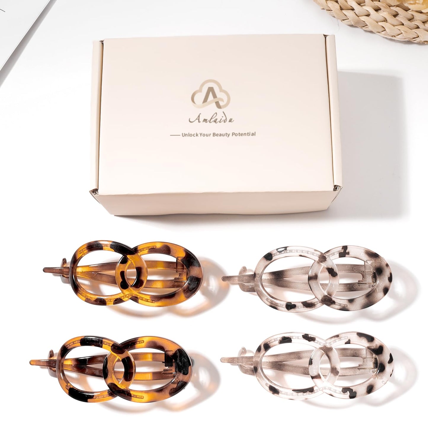 Amlaidu Large Flat Hair Clips for Thick Hair, French Claw Clips for Women, Lay Flat Duckbill Hairclips, Non-Slip, Strong Hold - Leopard Print,4Pcs