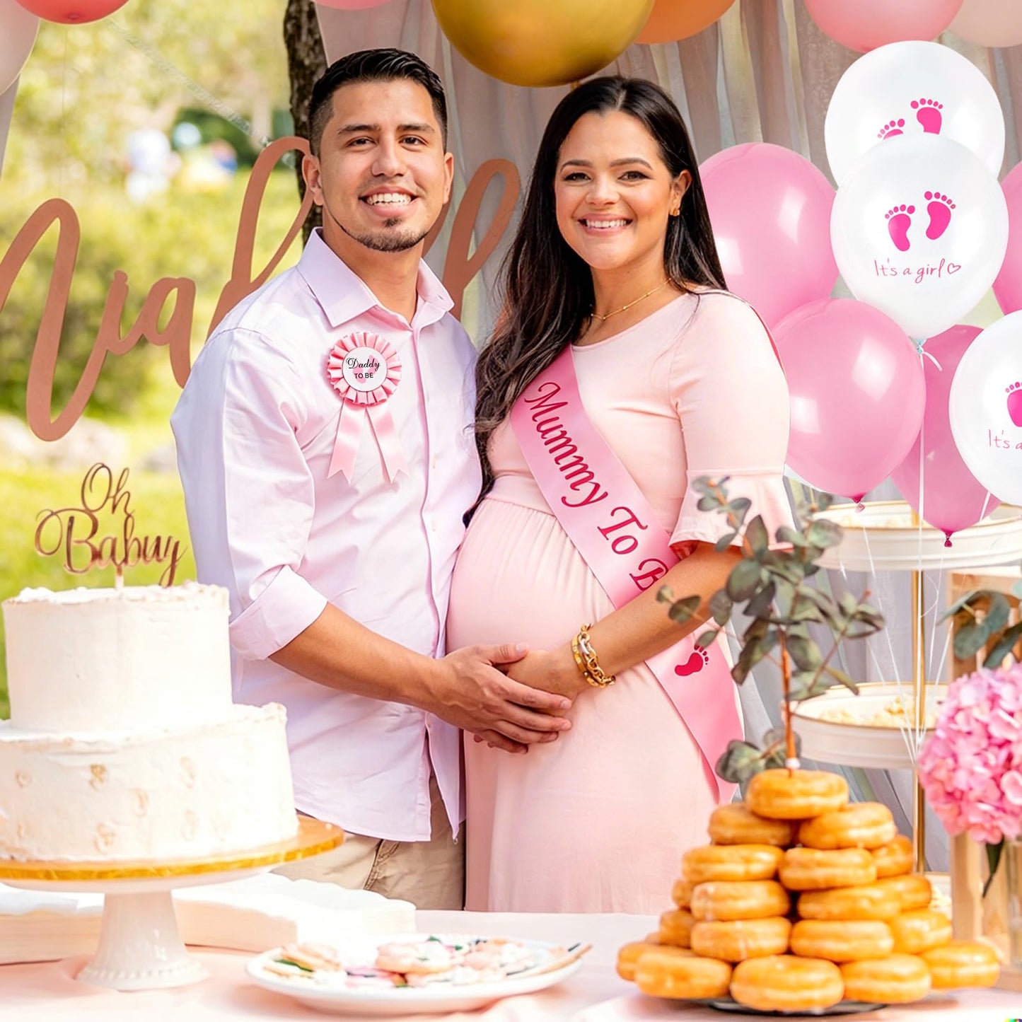 BRIOYHA Mommy to Be Sash and Daddy to Be Badge Set, Pink Baby Shower Decorations with Latex Balloons, Gender Reveal Party Favors Accessories