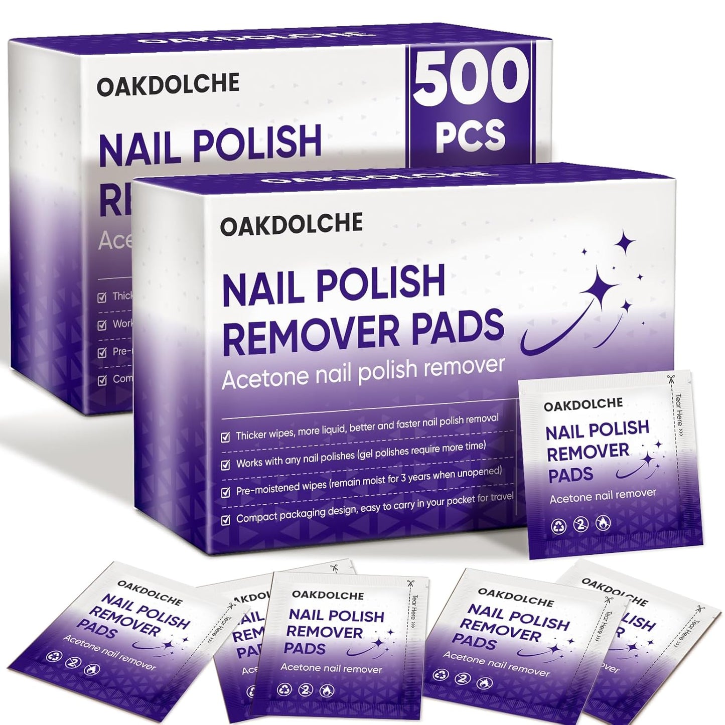 Acetone Nail Polish Remover Pads - 250 Pack Individually Wrapped | Quick & Effective for Gel & Fingernail Polish