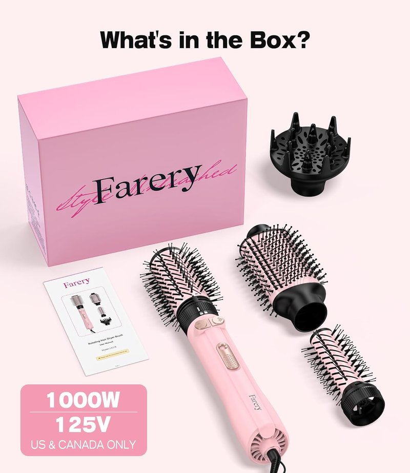 Farery Rotating Hot Air Brush Set - 1000W 4-in-1 Blow Dryer Brush for Volume, Smooth & Curl | Ideal for Fine to Medium-Thick Hair, Pink