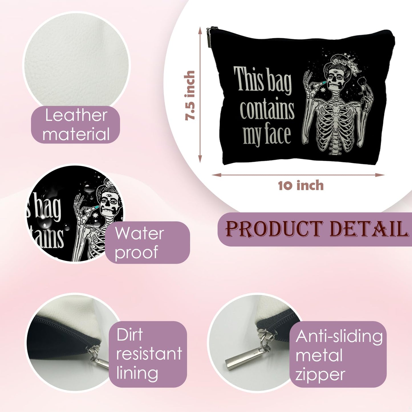 Likjad Goth Leather Makeup Bag - Gothic, Spooky Gifts for Women - Contains My Face, Witchy Bag (PU-Black)