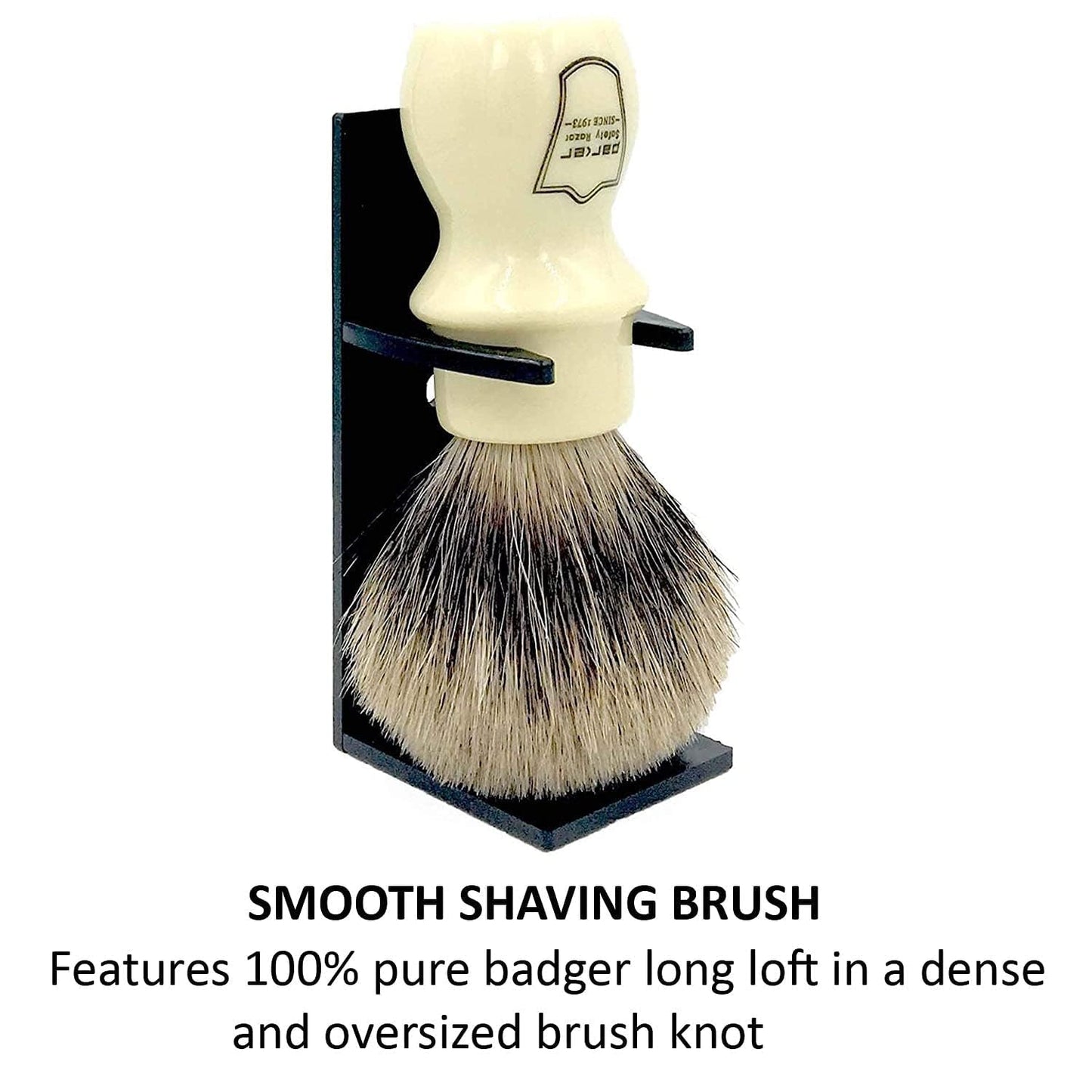 Parker Handmade Deluxe Mug Shaving Brush with Stand – 100% 3-Band Pure Badger Bristles –Extra Dense and Firm (Ivory)