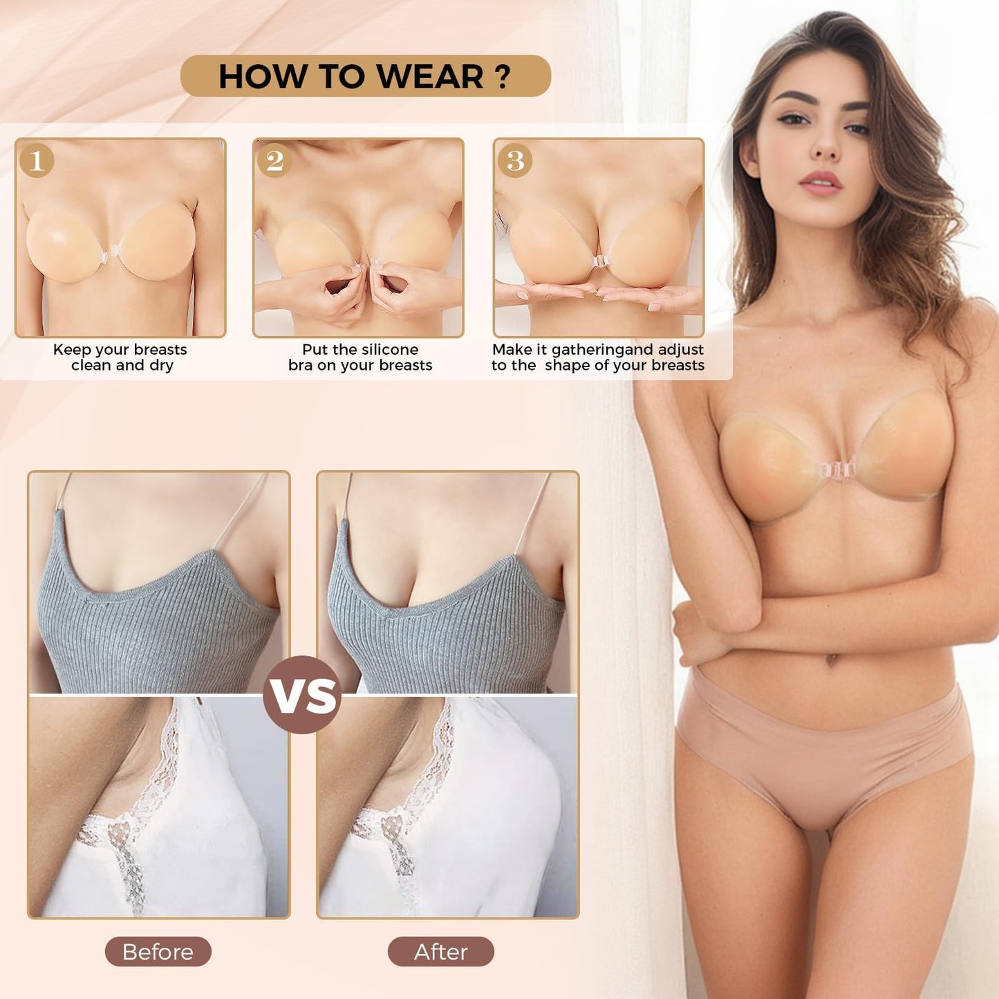 Adhesive Bra Invisible Push up Reusable Silicone Off Backless Viscous for Women Dress Nude