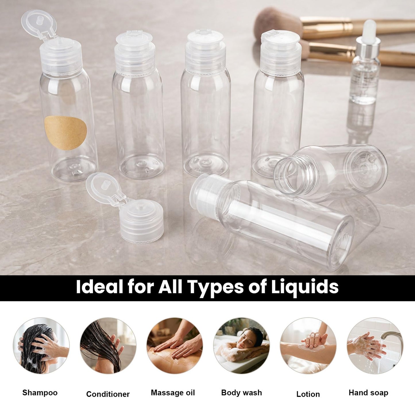 Decorniqu 6 Pack 3.4oz Travel Bottles for Toiletries Leak Proof Travel Size Toiletries TSA Approved Squeeze Bottles with Flip Cap Wide Mouth Containers for Shampoo Conditioner Body Wash Lotion(Clear)