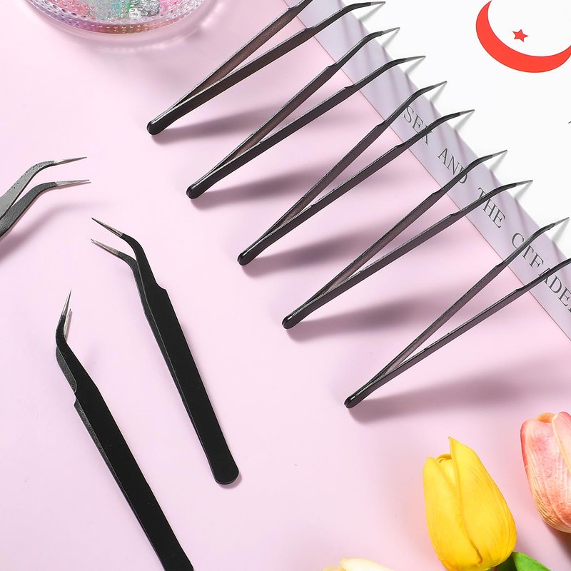 10 Pieces Tweezers for Crafting, Stainless Steel Curved Bedazzling Tweezers Precision Sticker Tweezer with Protective Cover for Jewelry Stickers Eyelash Extensions Rhinestones Crafts (Black)