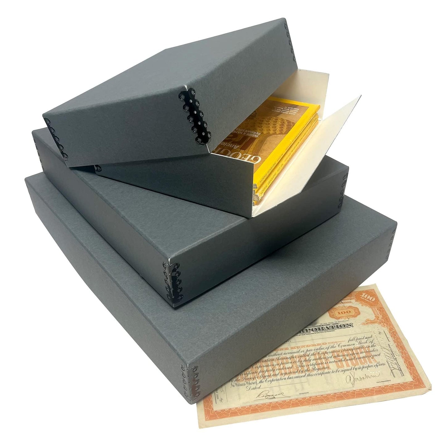 Lineco Museum Archival Storage Box, 9.75x12.75x3 in. Drop Front Design. Acid-Free with Metal Edge. Organize Photos, Pictures, Prints, Documents, Crafts, DIY. Gray, 1 Pack