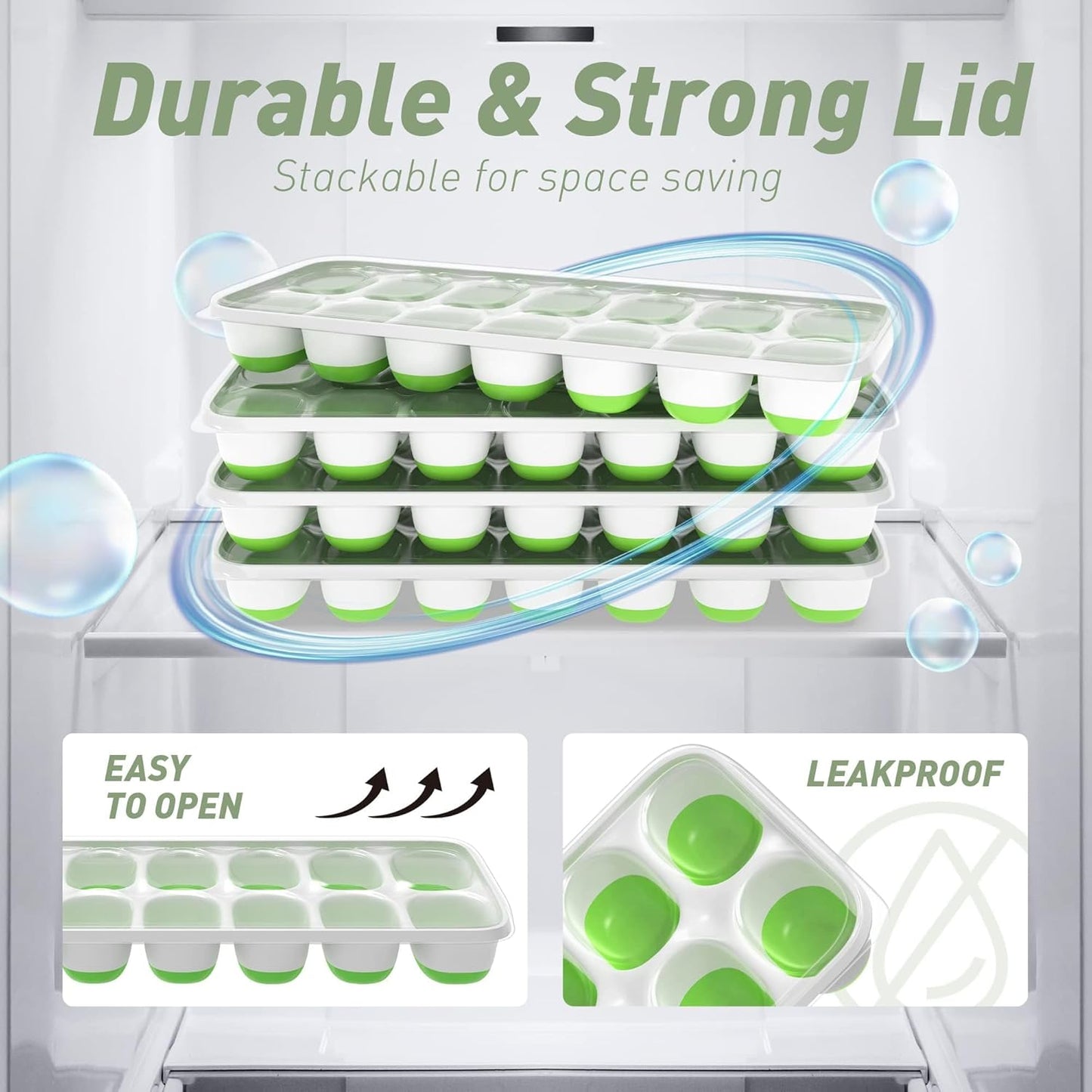 ChefAide Ice Cube Trays - 4-Pack Stackable Silicone & Plastic Molds for Easy Release | 56-Cube Capacity