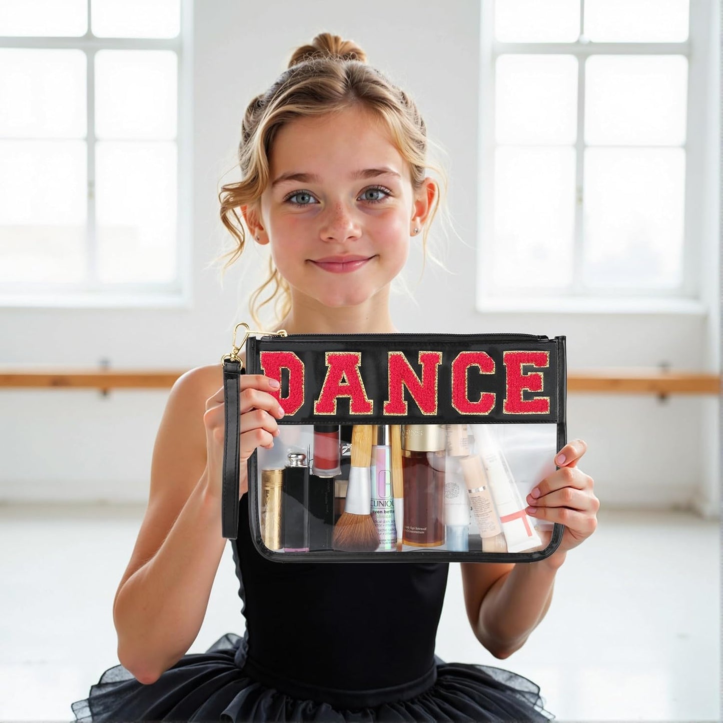 Dance Recital Gifts - Clear Makeup Letter Bag with Chenille Patch | Waterproof Cosmetic Pouch for Girls & Women