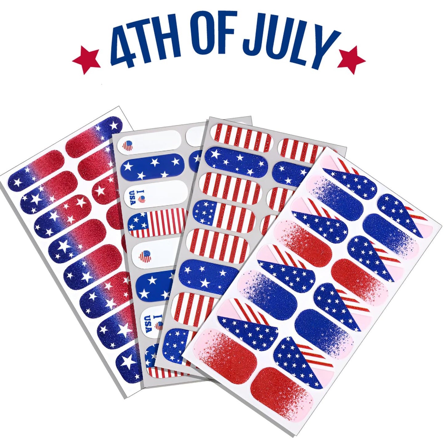4 Sheets 4th of July Nail Wraps for Woman - Patriotic Full Cover Red White Blue Glitter Stars Stripes Self-Adhesive French Nail Polish Strips Independence Day Memorial Day Veterans Day Party Gift Set