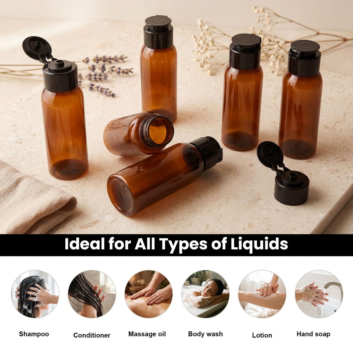 Decorniqu 6 Pack 3.4oz Travel Bottles for Toiletries Leak Proof Travel Size Toiletries Wide Mouth Containers TSA Approved Squeeze Bottles with Flip Cap for Shampoo Conditioner Body Wash Lotion(Brown)