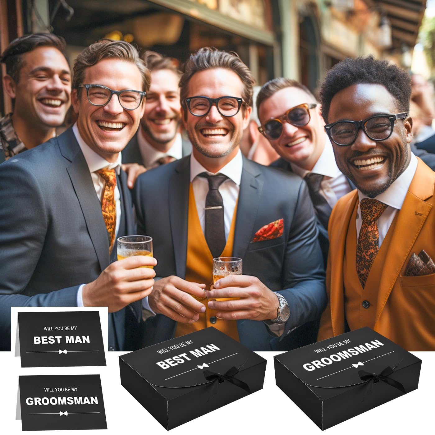 8Pack Groomsmen Proposal Box with Card (7 Groomsmen Boxes,1 Best Man Box) , 10.6×7.9×3.1 Inch Groomsmen Gift Box with Ribbon, Will You Be My Groomsman Box, Wedding Gift Box for Groomsmen Proposal Gift