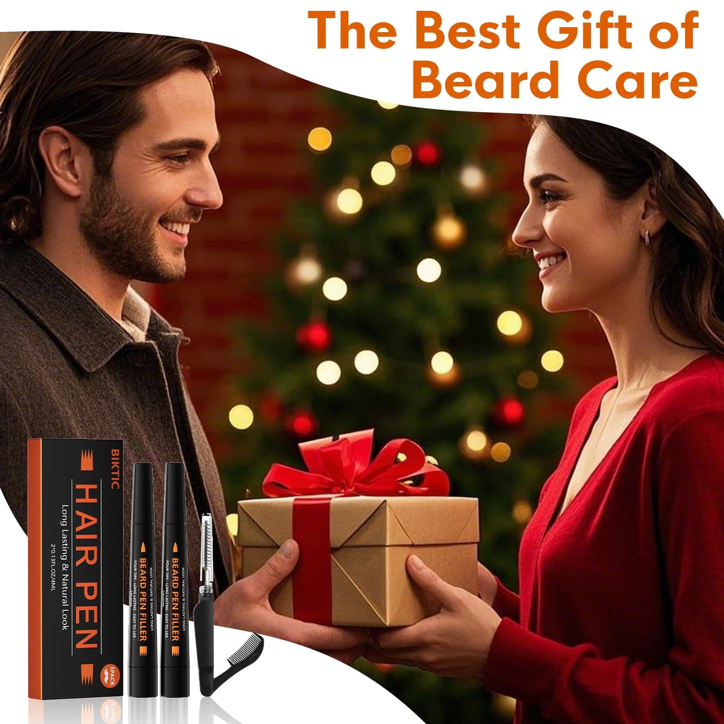 3-Pack Beard Pencil Filler for Men (Black), Four-fork Tip Beard Styling Pen, Waterproof Sweat Proof Long Lasting Beard Pencil,Effectively Enhances Facial Hair