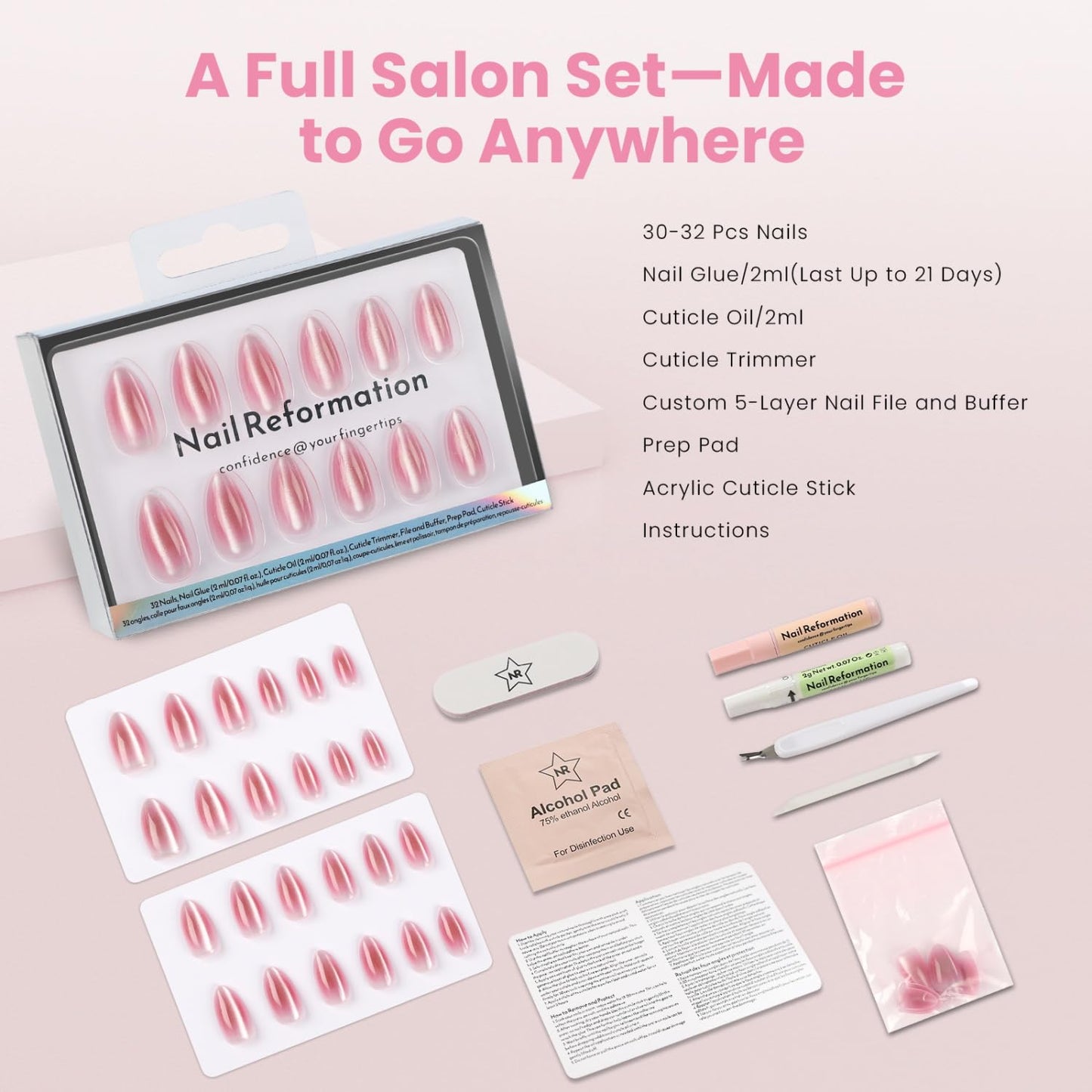 Nail Reformation Press On Nails, Sakura | Blushing Pink Ombre Short Almond Fake Nails with Velvet Finish, Salon Quality, Reusable Stick On Nails in 16 Sizes - 32 Nail Kit with Glue, Gifts for Women