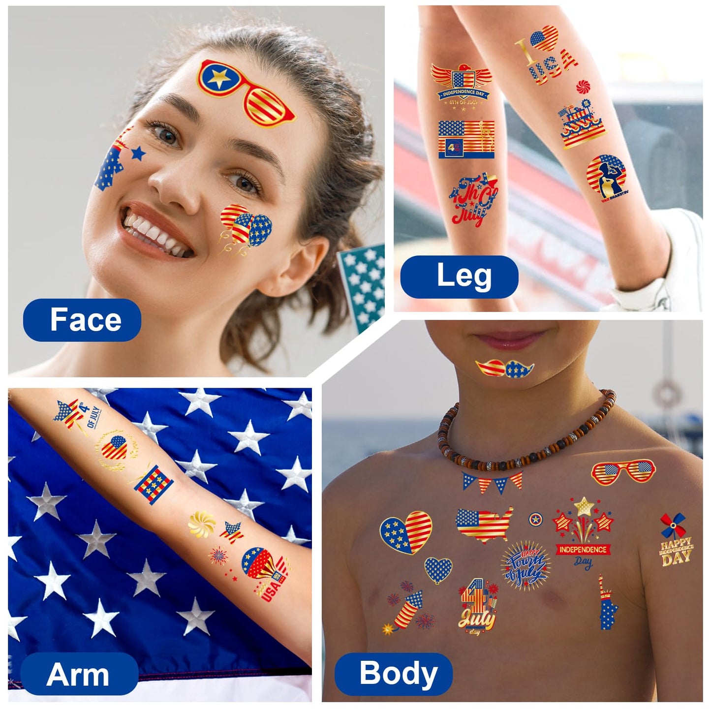 JCFIRE 4th of July Decorations, Temporary Tattoos for Kids Adults, Patriotic Decorations, Fourth of July Accessories, Red White And Blue Party Supplies for Independence Day