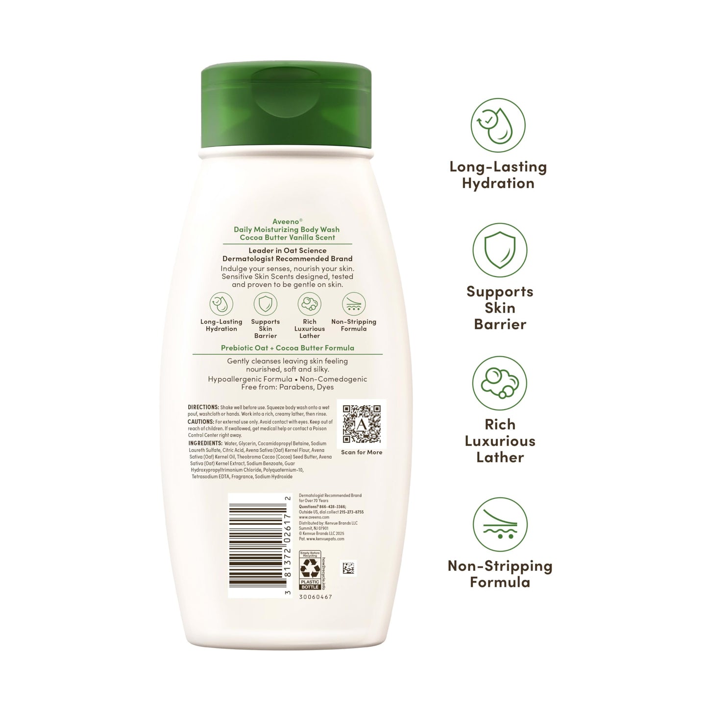 Aveeno Daily Moisturizing Body Wash with A Cocoa Butter Vanilla Scent & Soothing Prebiotic Oat, Provides Long-Lasting Hydration for Sensitive Skin, Hypoallergenic, Paraben-Free, 18 fl. oz
