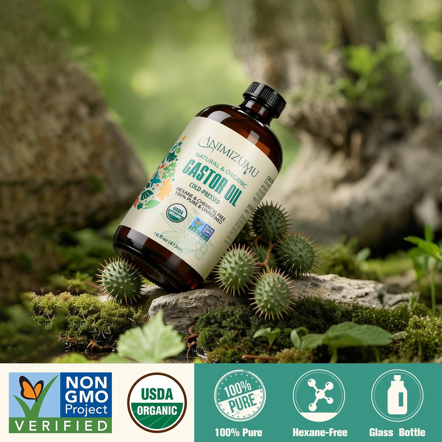 USDA Organic Castor Oil Cold Pressed,Unrefined Glass Bottle Hexane-Free Non-GMO Vegan,100% Pure Castor Oil for Hair Growth,Scalp,Face,Skin,Eyelashes,Eyebrows,Body Massage & Castor Oil Pack Wrap 16oz