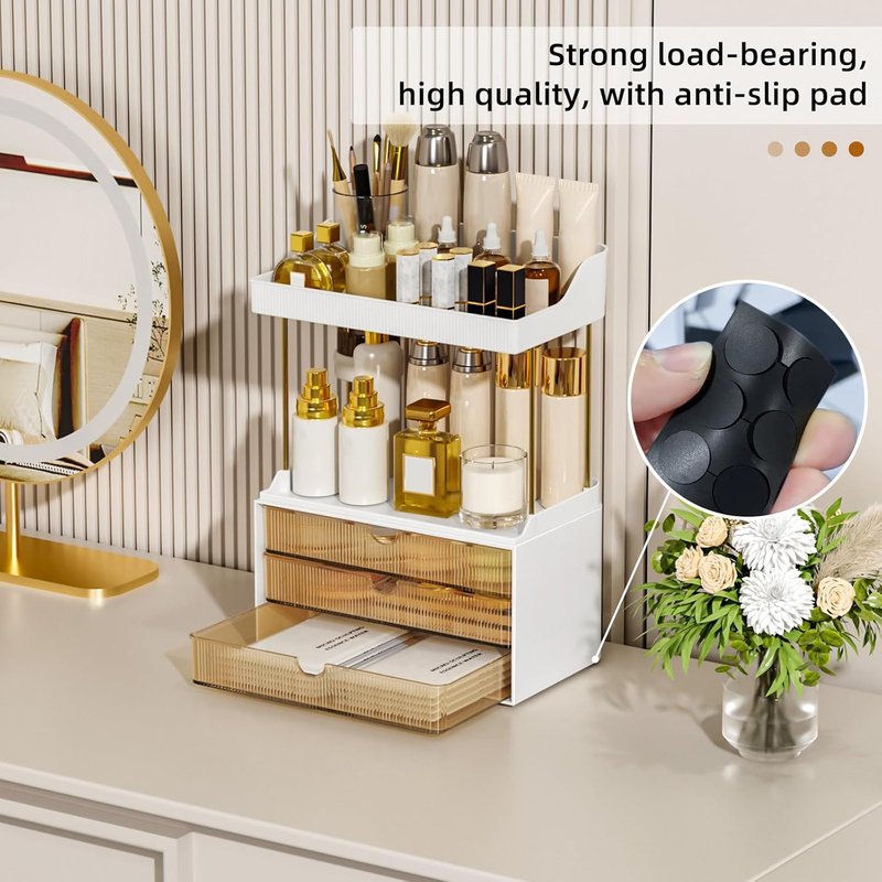 Makeup Organizer with 3 Large Drawers - 5 Tier Bathroom Storage & Versatile Vanity Organizer | Ideal for Cosmetics, Skincare, Face Masks, Amber