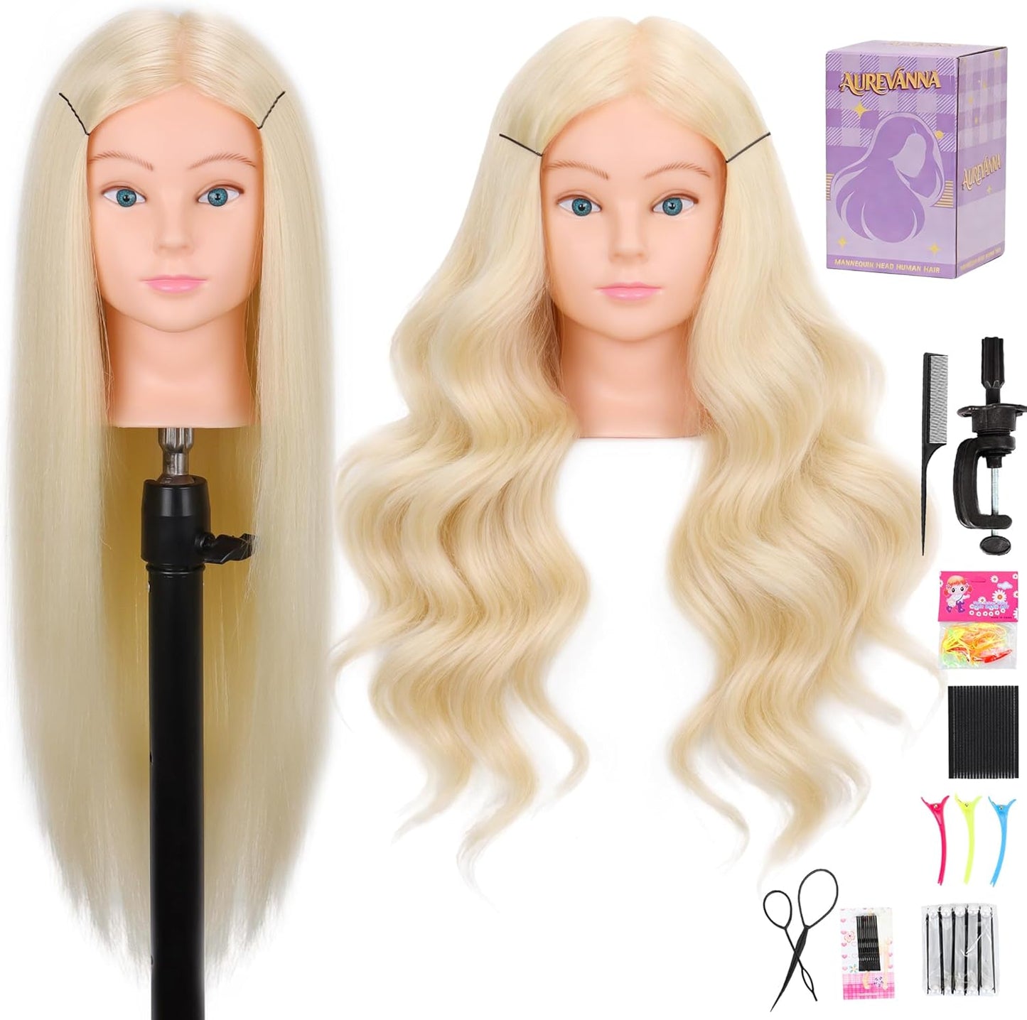 Mannequin Head - 80% Real Hair Cosmetology Training Tool | 26-28" Light Brown with Clamp Holder
