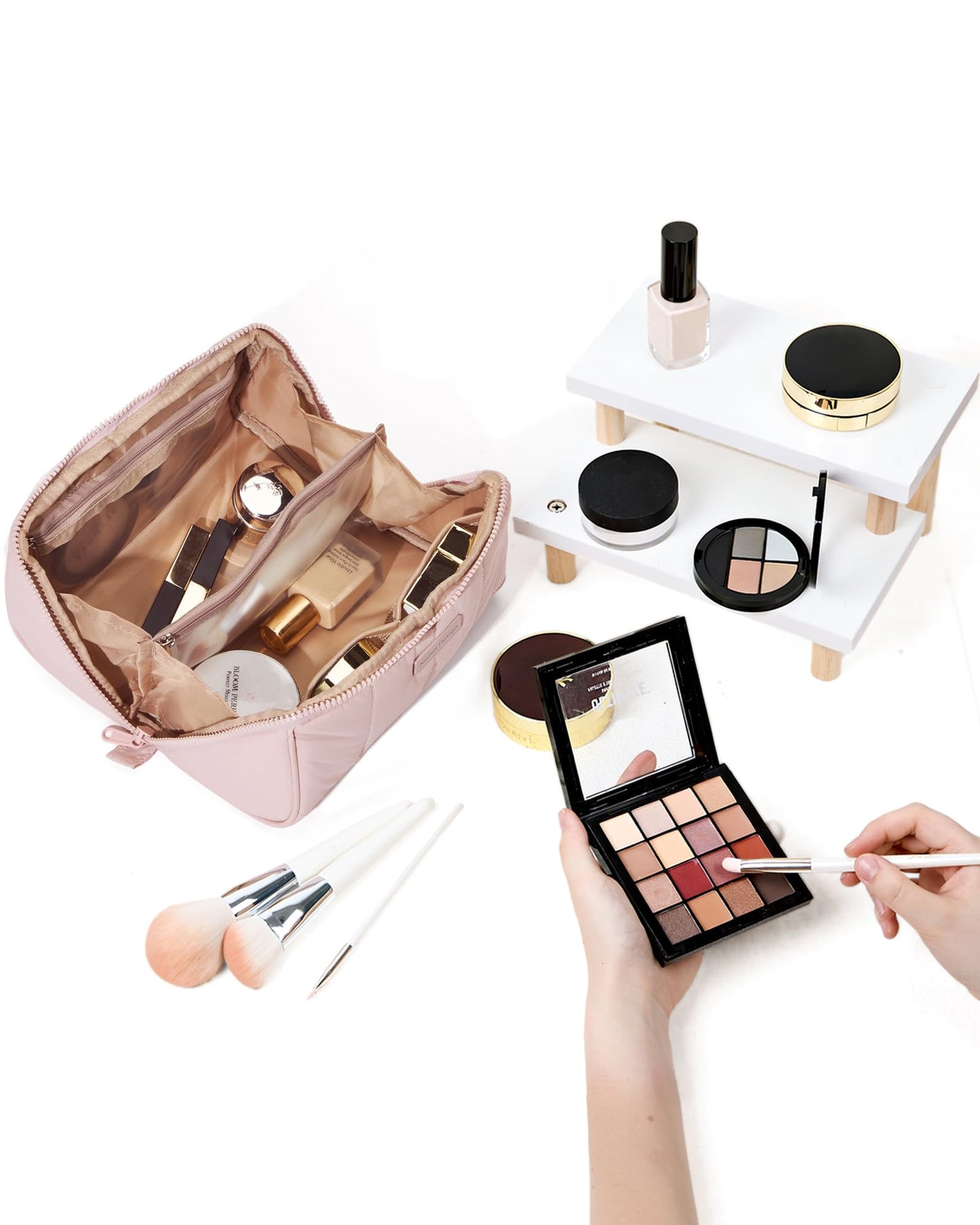 NISHEL Travel Makeup Bag for Women, Fluffy & Lightweight Open Flat Cosmetic Organizer with Multiple Functional Divider for Brush Independent Storage, Handle for Easy Portability, Pink
