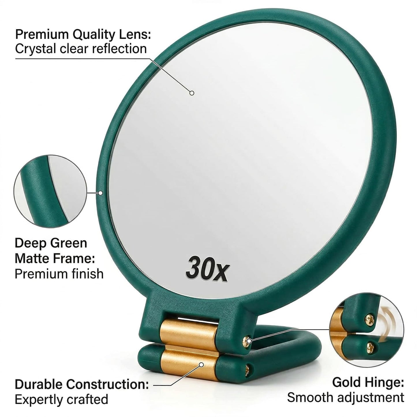Magnifying Handheld Mirror Double Sided, 1X and 30X Magnification Hand Mirror, Travel Folding Hand Held Makeup Mirror with 360° Rotation Pedestal for Vanity, Dressing Table and Daily Use Green