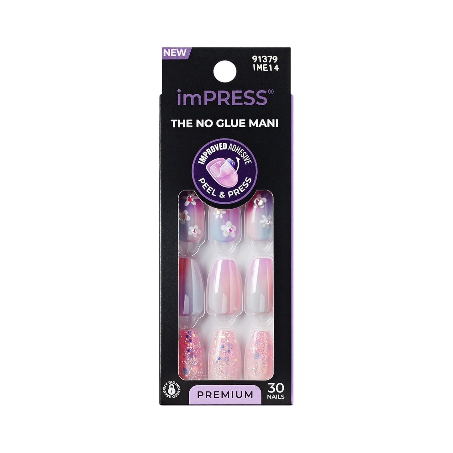 KISS imPRESS Press-On Manicure - Gray V-Cut Stone Fake Nails | Medium Ballerina/Coffin Shape, Easy Application, 30 Count