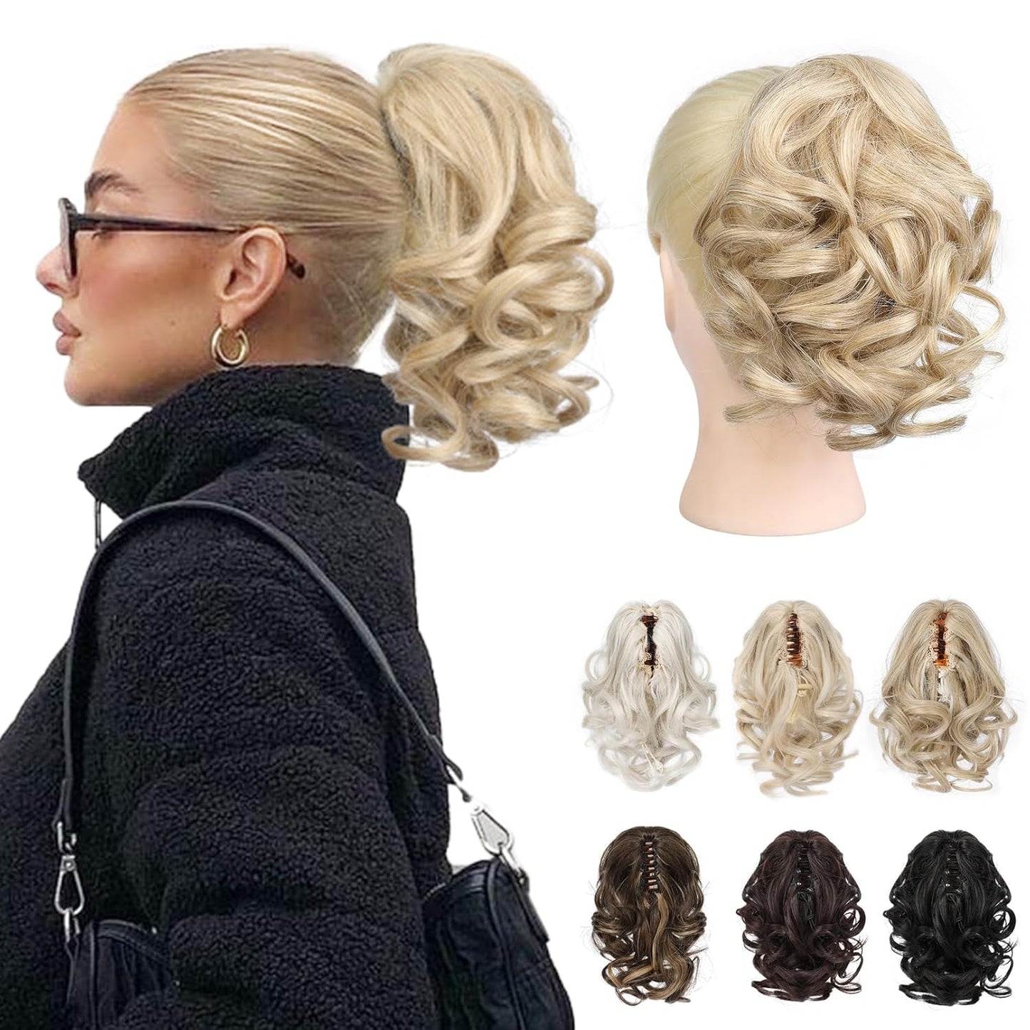 Ponytail Extension - 9" Claw Clip Short Curly Wavy Hairpiece | Dark Ash Blonde with Golden Ends