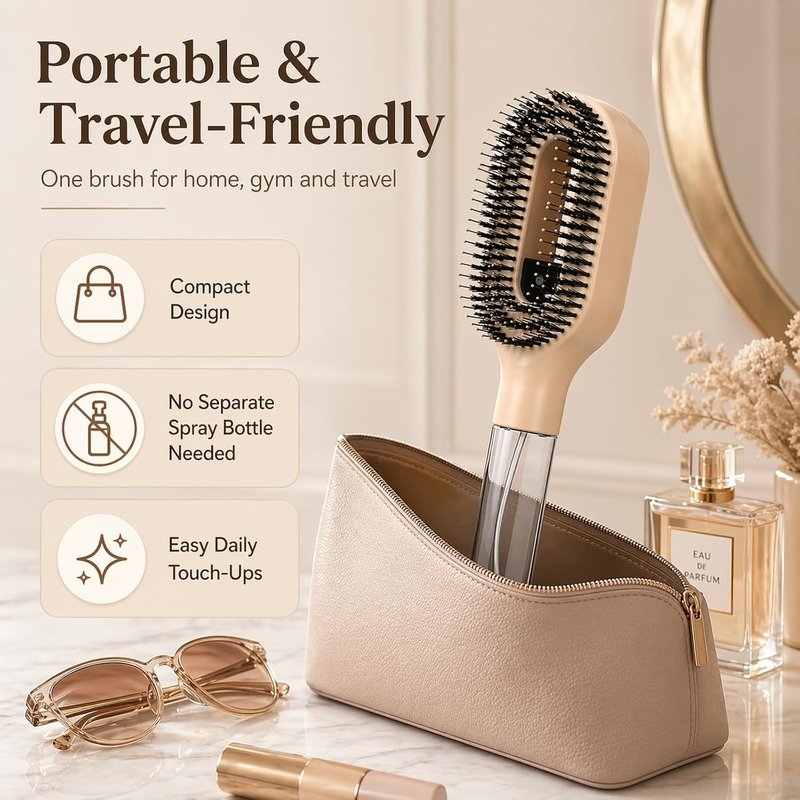 Misting Hair Brush - 2-in-1 Detangling Wet & Dry Hairbrush for Curly & Thick Hair | Refillable Water Spray, Anti-Frizz (Khaki)