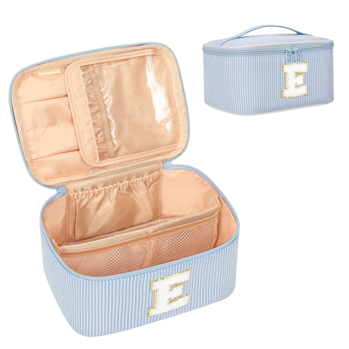 OCHEAL Makeup Bag for Women, Monogram Cosmetic Bag Blue Travel Makeup Case Beauty Toiletry Bag Organizer Personalized Gifts for Girls Bridesmaid, Sister, Wife, Friends Initial E