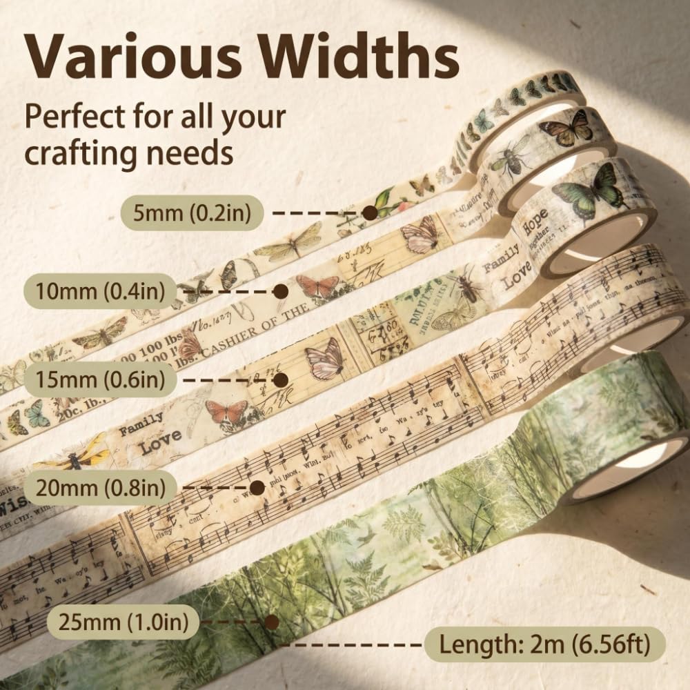 Vintage Washi Tape Set - 20 Rolls of Floral, Butterfly & Botanical Designs | 5-25mm Wide, 6.56ft/Roll for Scrapbooking & Journaling