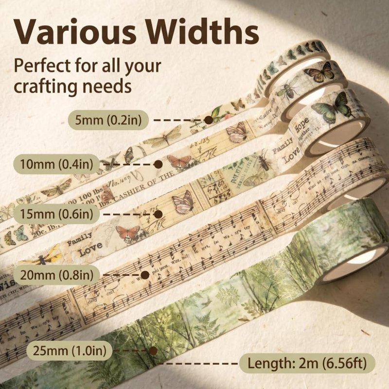 Vintage Washi Tape Set - 20 Rolls of Floral, Butterfly & Botanical Designs | 5-25mm Wide, 6.56ft/Roll for Scrapbooking & Journaling