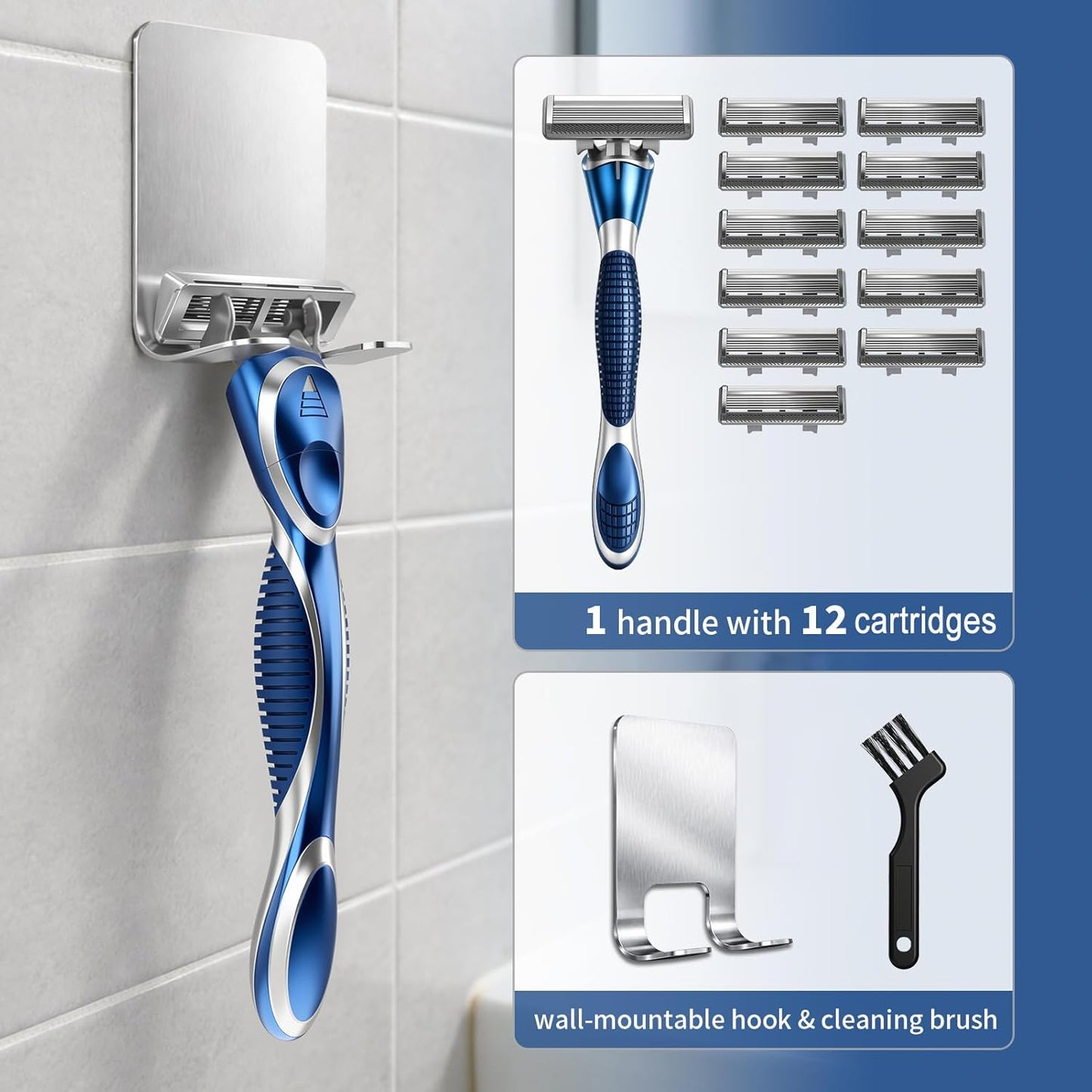 6-Blade Manual Razor for Men - Ergonomic Non-Slip Handle with 12 Blade Refills | Full Washable Design