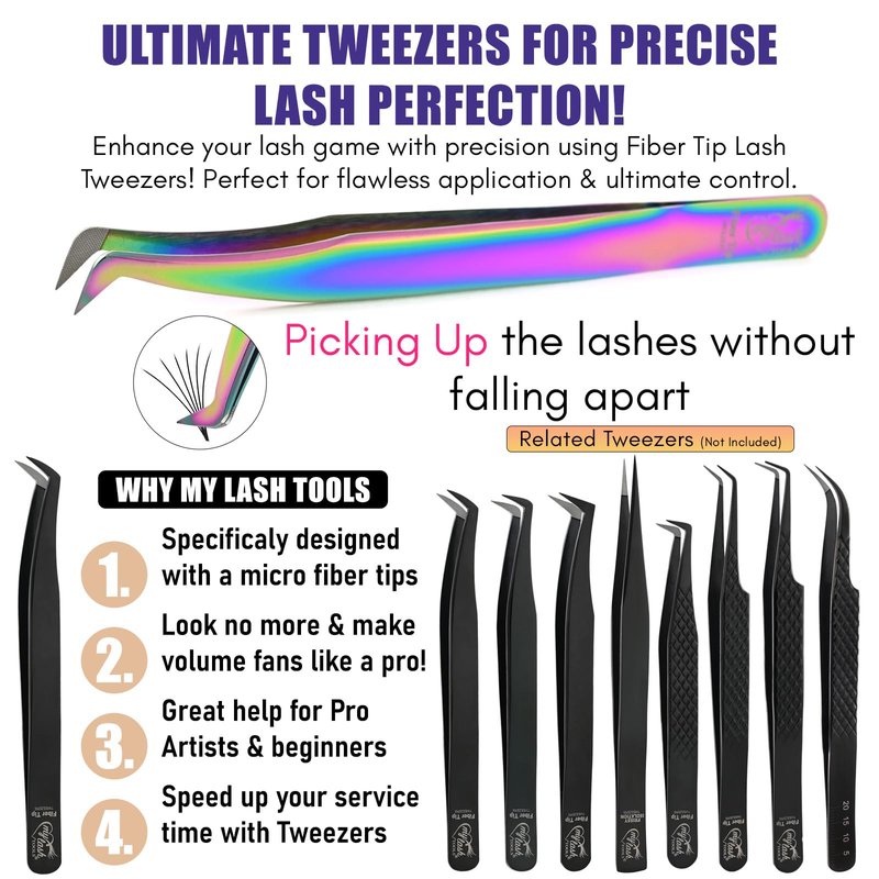 Fiber Tip Lash Tweezer for Mega Volume Eyelash Extensions – Precision Boot Tip, Professional Stainless Steel, Non Slip, Isolation Tool for Volume, Classic, and Mega Volume Fans (Rainbow)